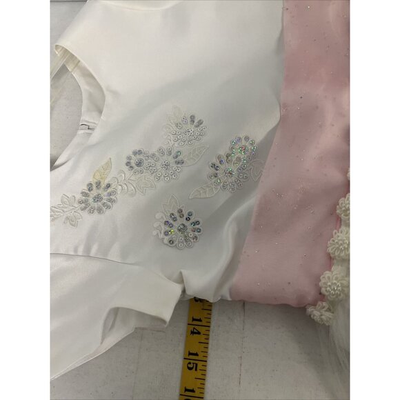US Angels Flower Girls Dress White Silver Sparkle Pink Ribbon size 8 - Picture 5 of 7